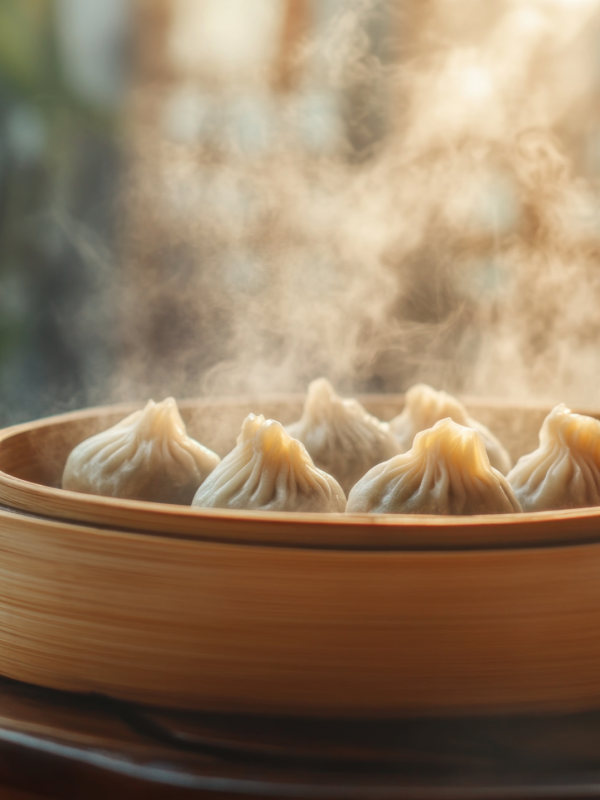 Dumplings cooking in steamer
